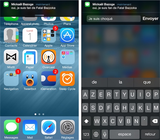 Notifications interactives d’iOS 8 : à droite, on peut répondre au message directement depuis la notification, sans avoir à quitter l’application en cours.