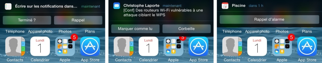 Notifications interactives envoyées par Rappels, Mail et Calendrier. Cliquer pour agrandir