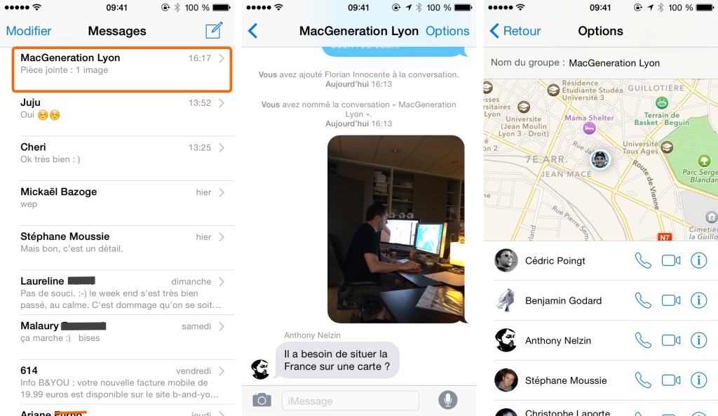 Une conversation de groupe sur iOS 8 : à droite, la liste des membres qui participent à la conversation.Cliquer pour agrandir