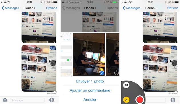 Messages simplifie l’envoi d’images : l’icône en forme d’appareil photos (gauche) sert toujours à piocher dans la photothèque de l’iPhone (centre), mais elle permet aussi